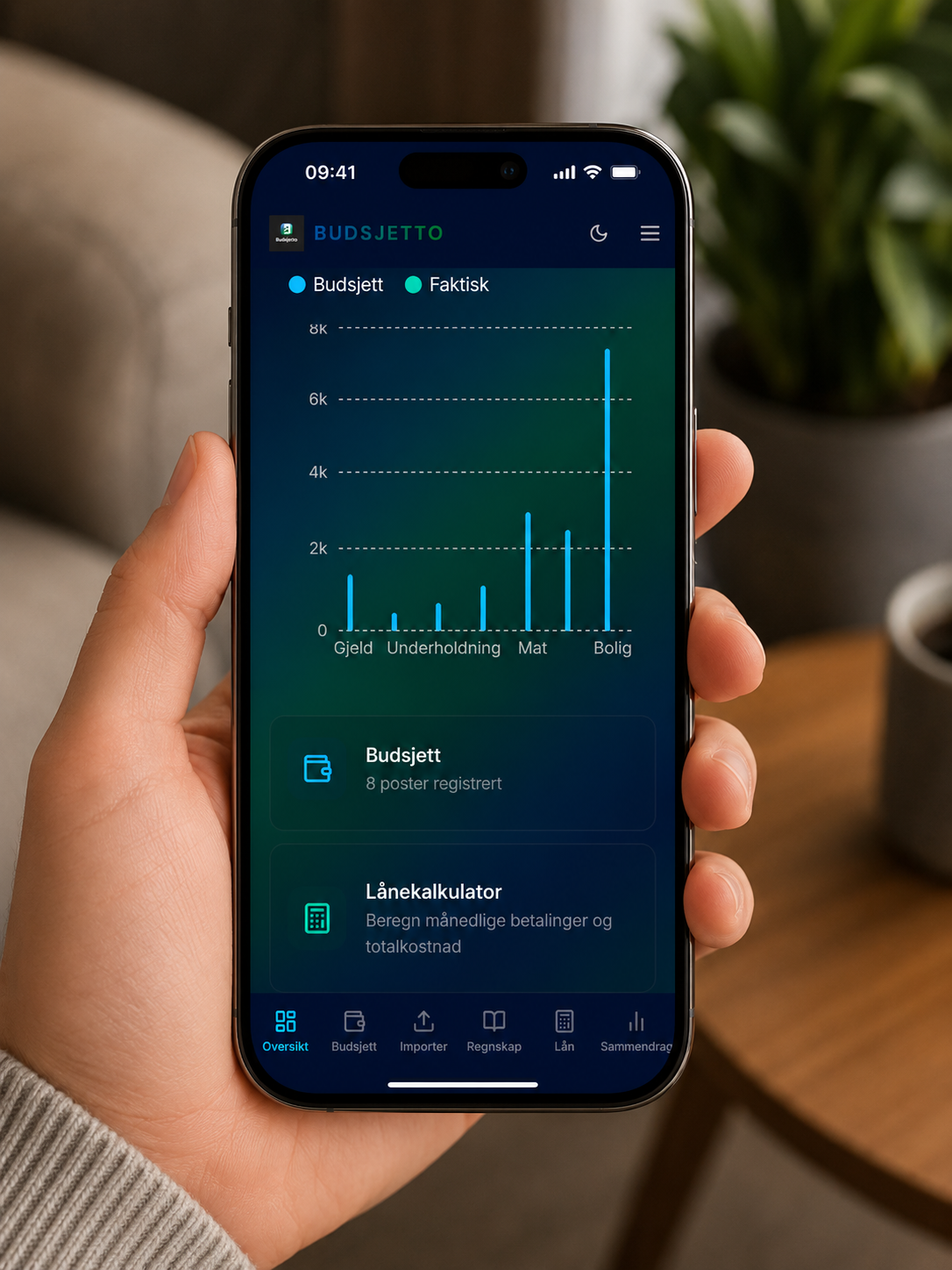 Budsjetto-appen vist på en mobiltelefon